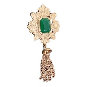 Intricate Filigree Gold Tone Brooch w Green Gemstone & Green Tassel 3"